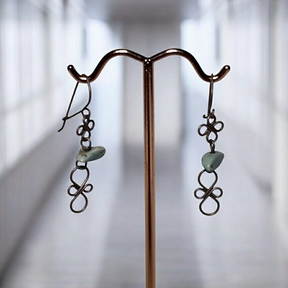 Dainty Silver Wire Earrings Pale Blue Turquoise 1.5" Dangle Drop - Picture 3 of 12